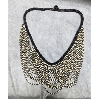 Vintage Multilayer Brown And Cream Glass Beaded Bib Necklace