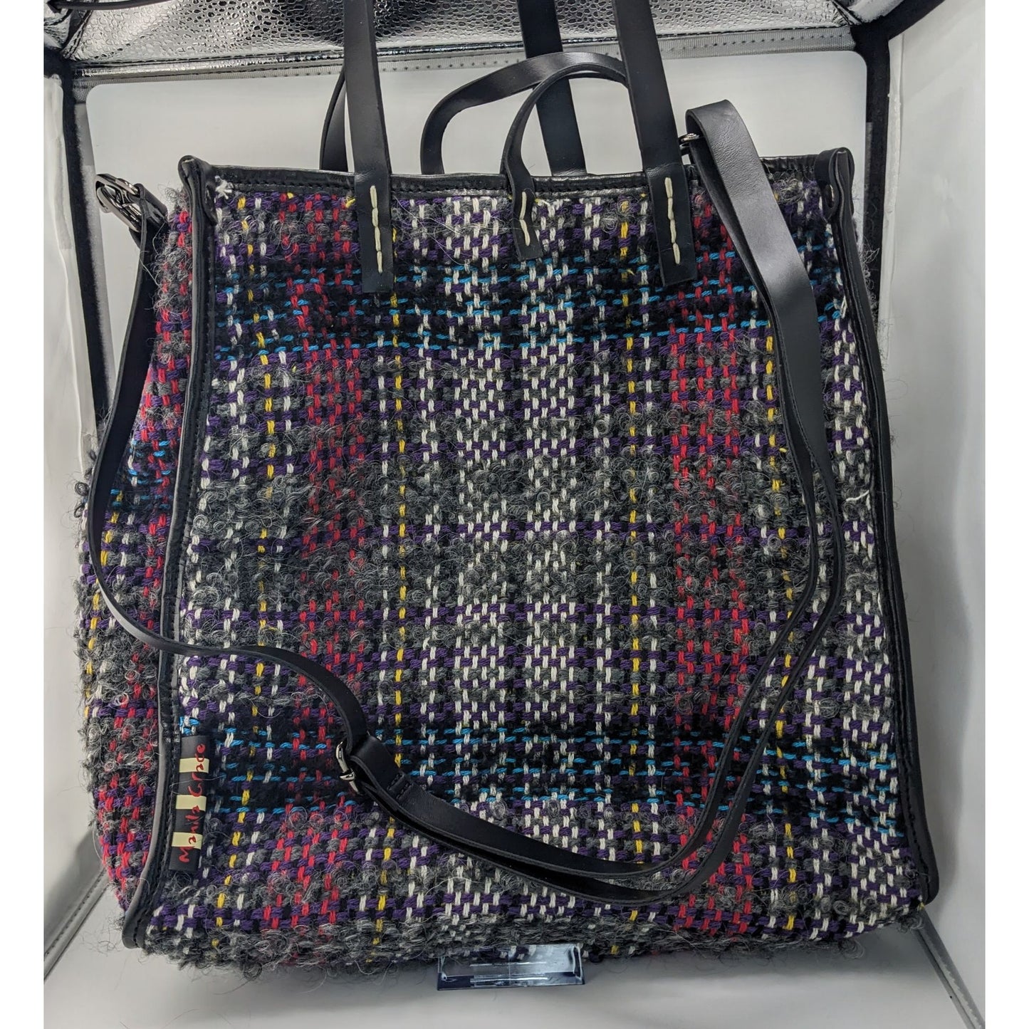 Manila Grace Multicolored Tweed Tote With Leather Straps & Adjustable Shoulder Strap