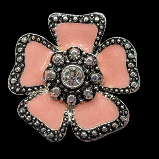 Vintage Fairycore Floral Pink Enamel Brooch/Pendant With Rhinestone Accents