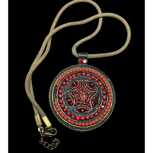 Vintage Red Beaded Brass Medallion Pendant Necklace