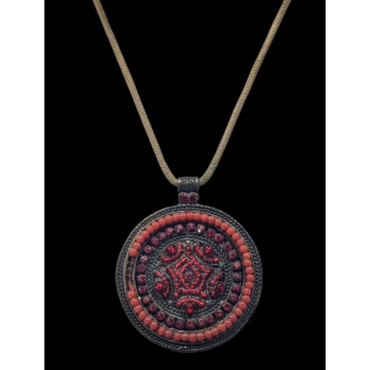 Vintage Red Beaded Brass Medallion Pendant Necklace