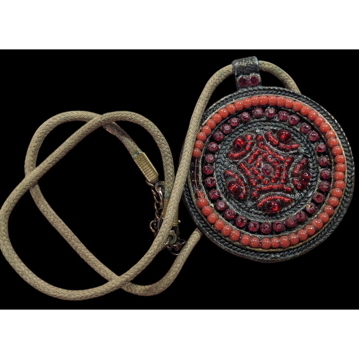 Vintage Red Beaded Brass Medallion Pendant Necklace