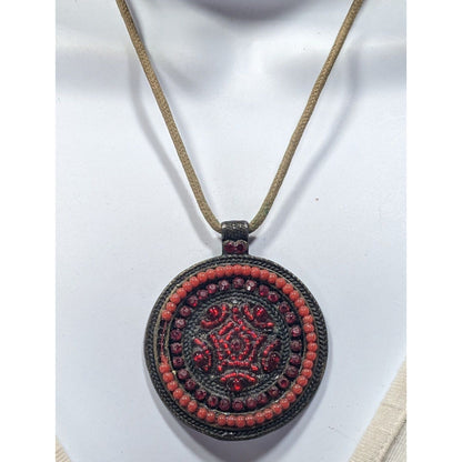 Vintage Red Beaded Brass Medallion Pendant Necklace