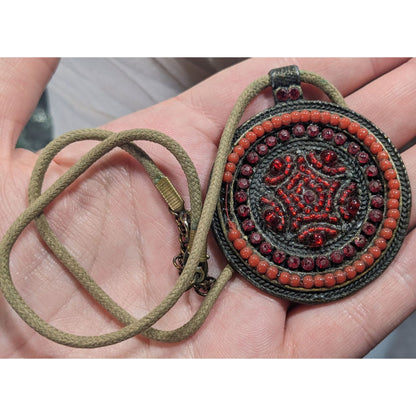 Vintage Red Beaded Brass Medallion Pendant Necklace