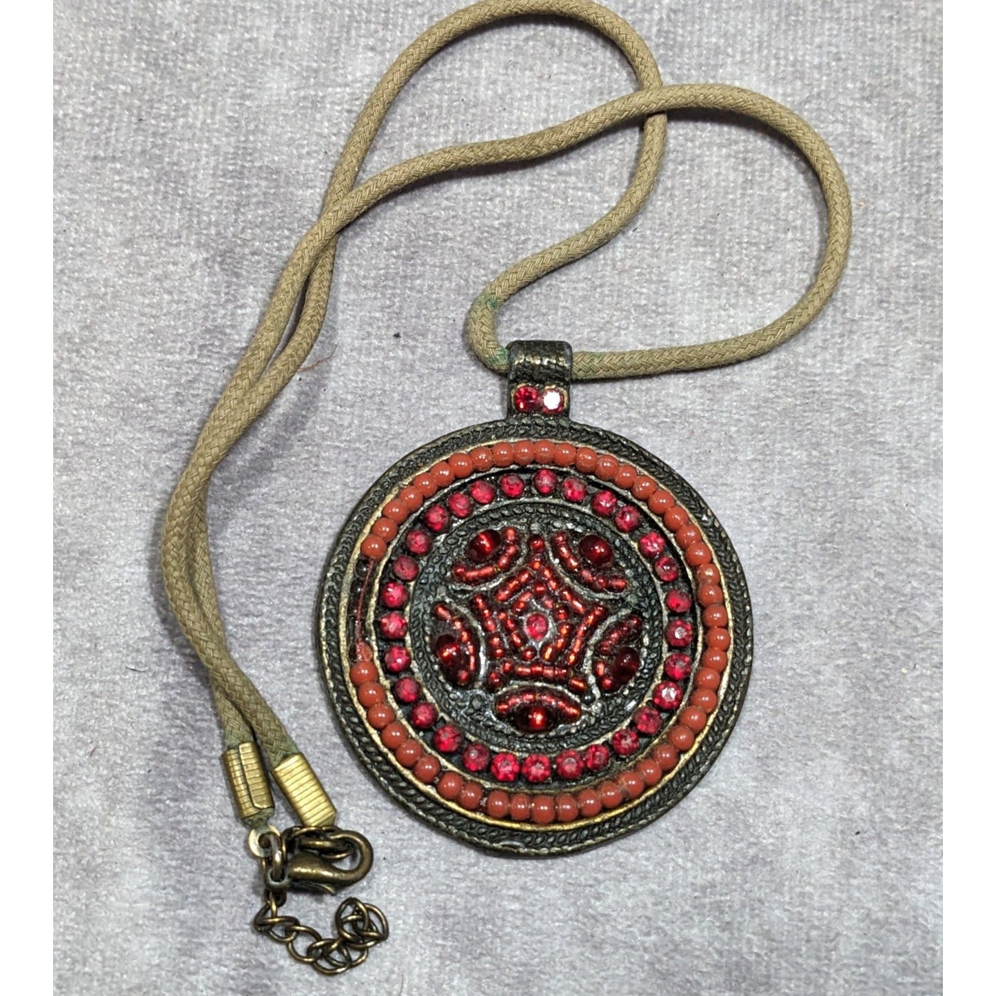 Vintage Red Beaded Brass Medallion Pendant Necklace