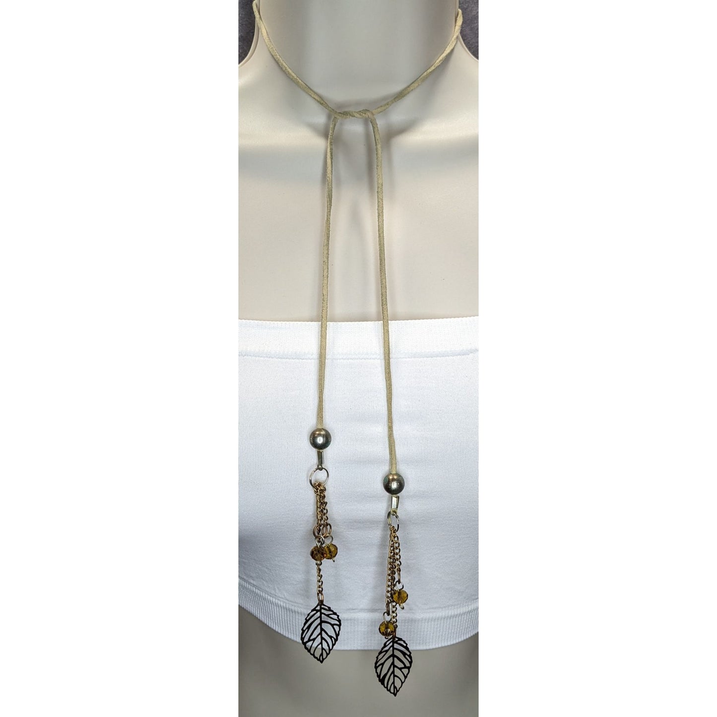 Boho Fairycore Handmade Suede Leaf Lariat Necklace with Crystal Bead Tassels