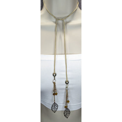 Boho Fairycore Handmade Suede Leaf Lariat Necklace with Crystal Bead Tassels
