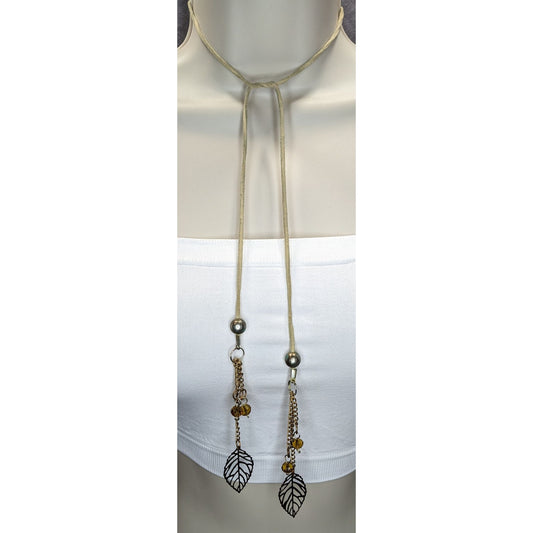 Boho Fairycore Handmade Suede Leaf Lariat Necklace with Crystal Bead Tassels