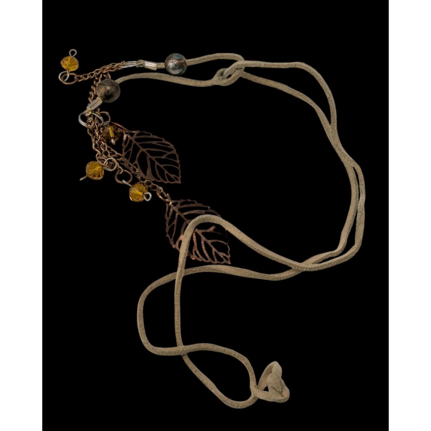 Boho Fairycore Handmade Suede Leaf Lariat Necklace with Crystal Bead Tassels