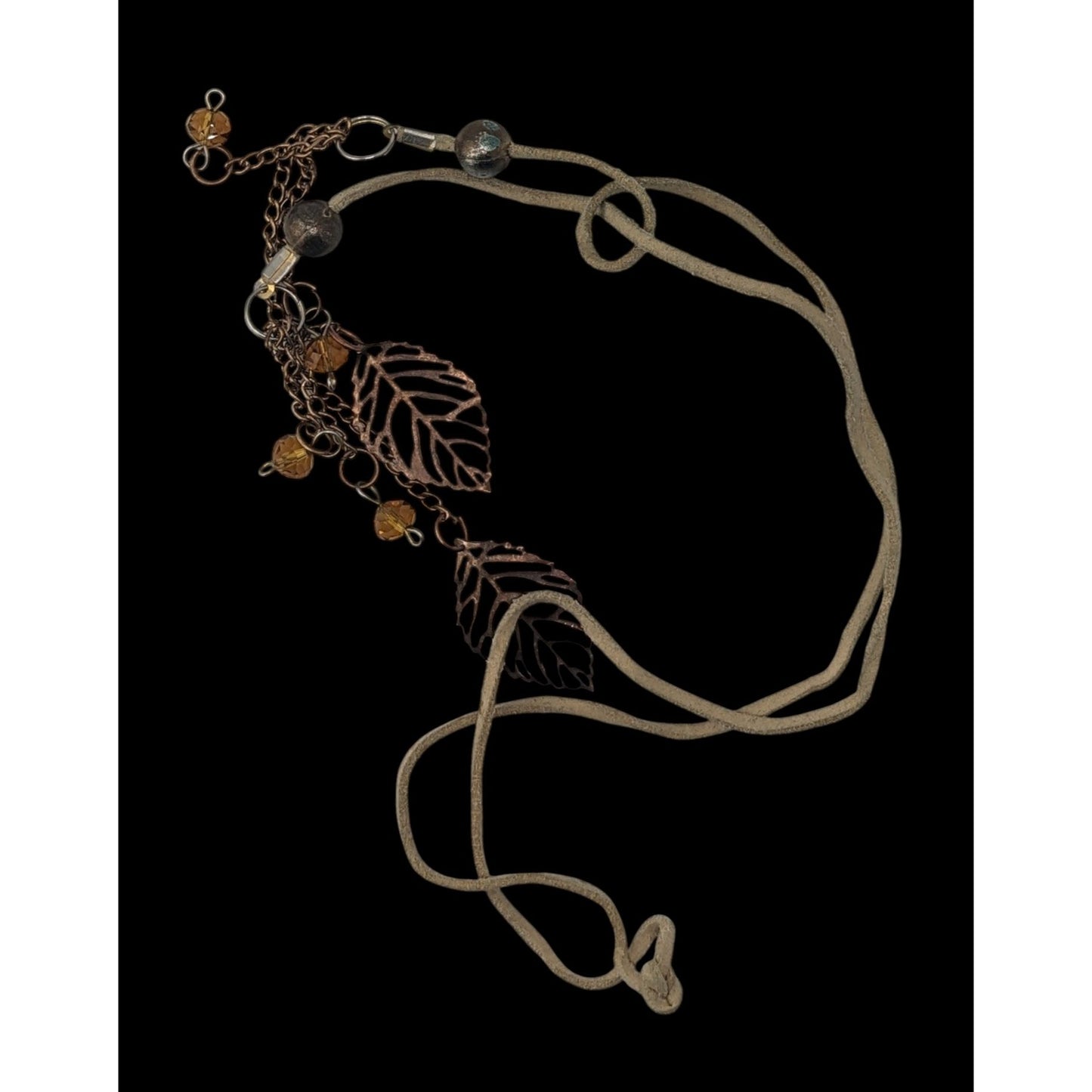 Boho Fairycore Handmade Suede Leaf Lariat Necklace with Crystal Bead Tassels
