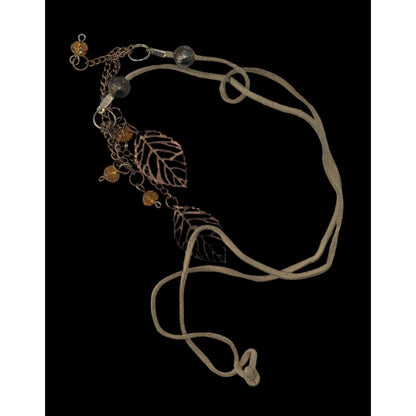 Boho Fairycore Handmade Suede Leaf Lariat Necklace with Crystal Bead Tassels