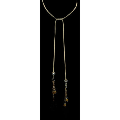 Boho Fairycore Handmade Suede Leaf Lariat Necklace with Crystal Bead Tassels
