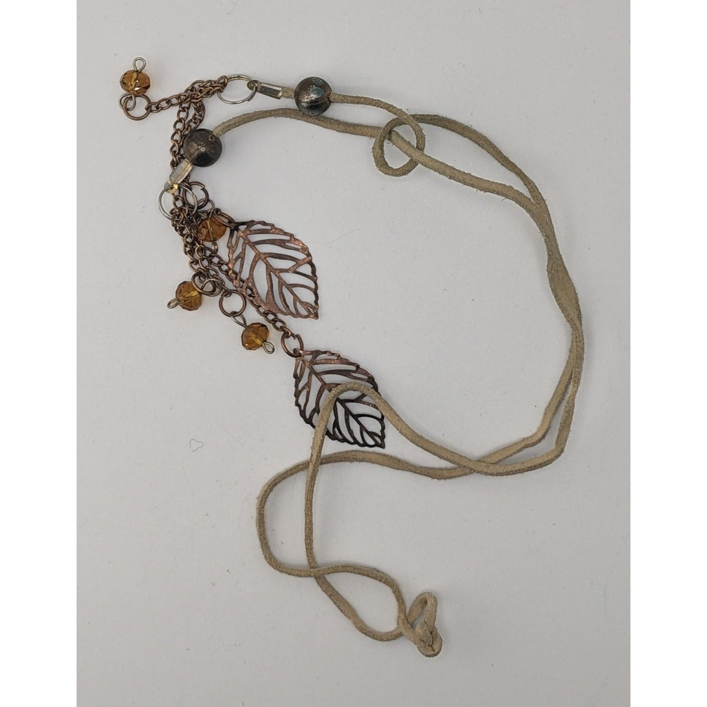 Boho Fairycore Handmade Suede Leaf Lariat Necklace with Crystal Bead Tassels