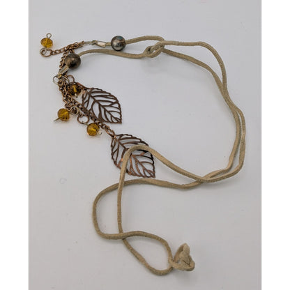 Boho Fairycore Handmade Suede Leaf Lariat Necklace with Crystal Bead Tassels