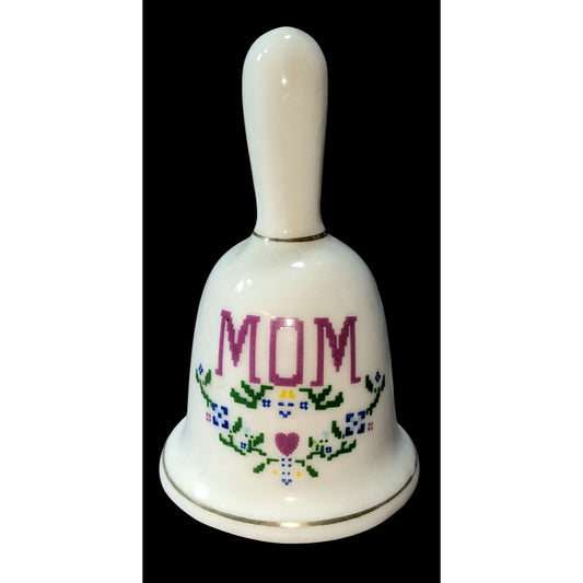 Vintage Mom Ceramic Bell Cross Stitch Folk Art Floral Heart Gold Trim