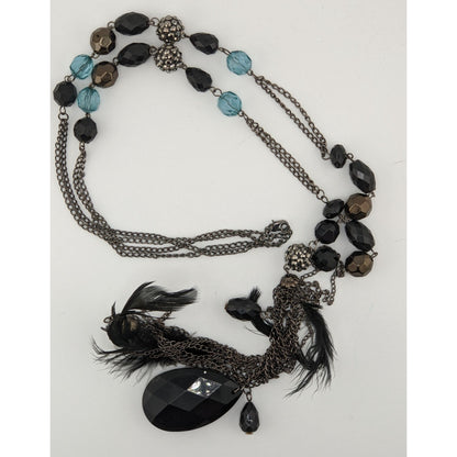 Vintage Y2K Long Bohemian Black & Blue Crystal Accent Feather Tassel Necklace