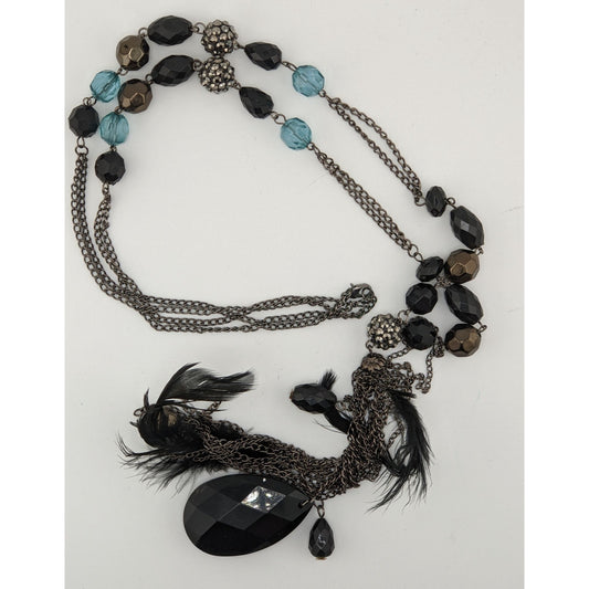 Vintage Y2K Long Bohemian Black & Blue Crystal Accent Feather Tassel Necklace