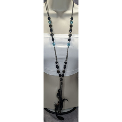 Vintage Y2K Long Bohemian Black & Blue Crystal Accent Feather Tassel Necklace