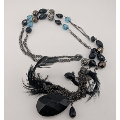 Vintage Y2K Long Bohemian Black & Blue Crystal Accent Feather Tassel Necklace