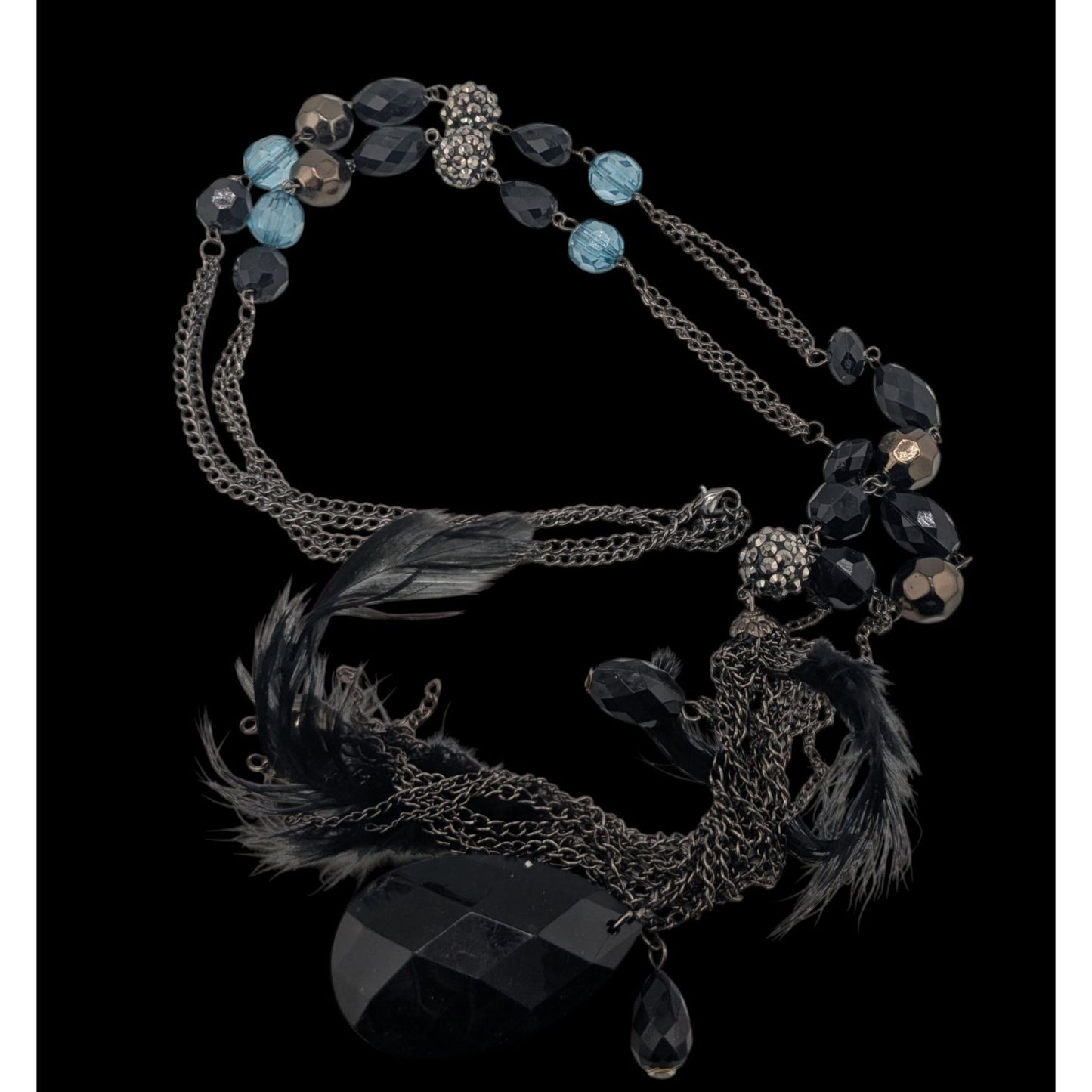 Vintage Y2K Long Bohemian Black & Blue Crystal Accent Feather Tassel Necklace