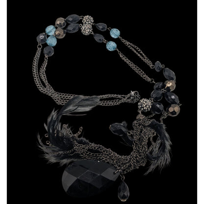 Vintage Y2K Long Bohemian Black & Blue Crystal Accent Feather Tassel Necklace
