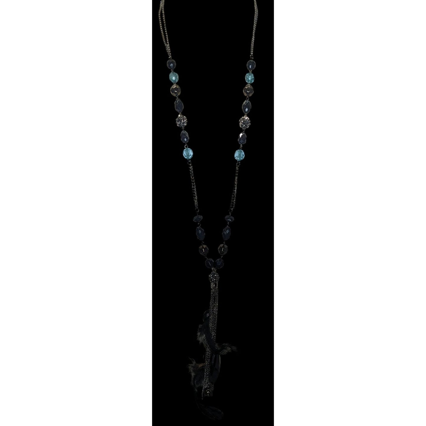 Vintage Y2K Long Bohemian Black & Blue Crystal Accent Feather Tassel Necklace