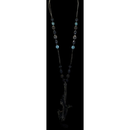 Vintage Y2K Long Bohemian Black & Blue Crystal Accent Feather Tassel Necklace