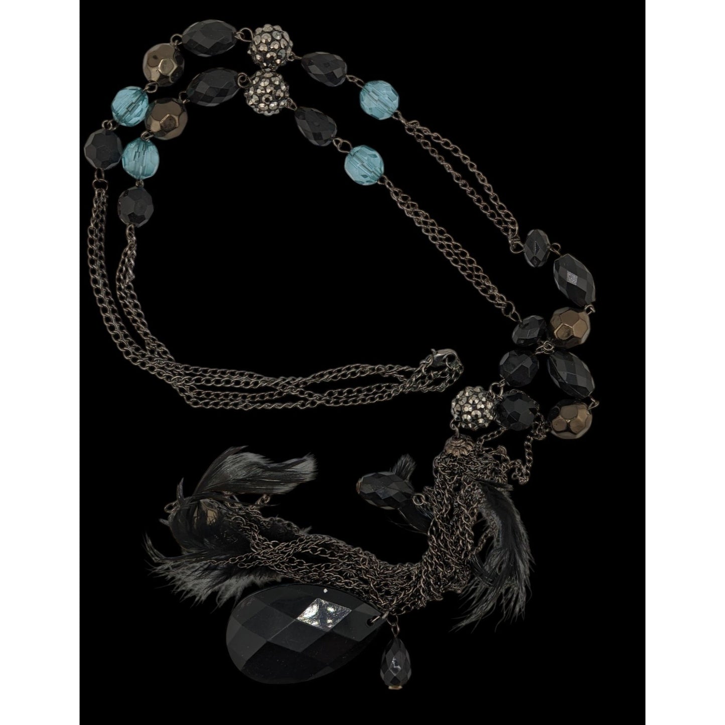 Vintage Y2K Long Bohemian Black & Blue Crystal Accent Feather Tassel Necklace