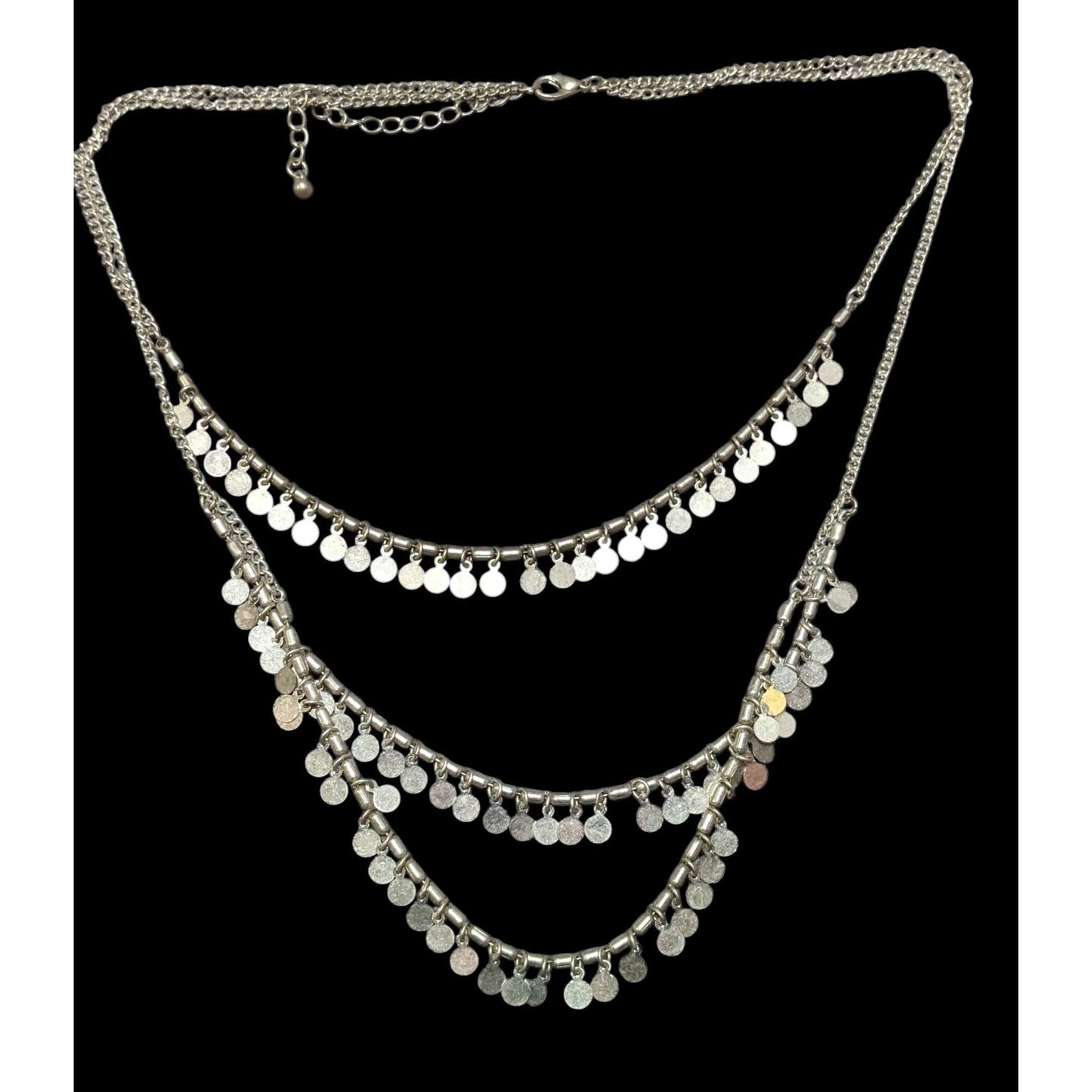 Multilayer Silver Tone Mini Medallion Fringe Beaded Necklace