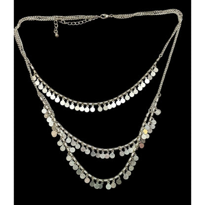 Multilayer Silver Tone Mini Medallion Fringe Beaded Necklace