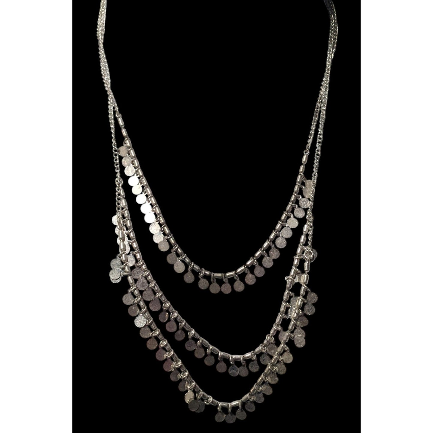 Multilayer Silver Tone Mini Medallion Fringe Beaded Necklace