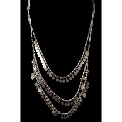 Multilayer Silver Tone Mini Medallion Fringe Beaded Necklace