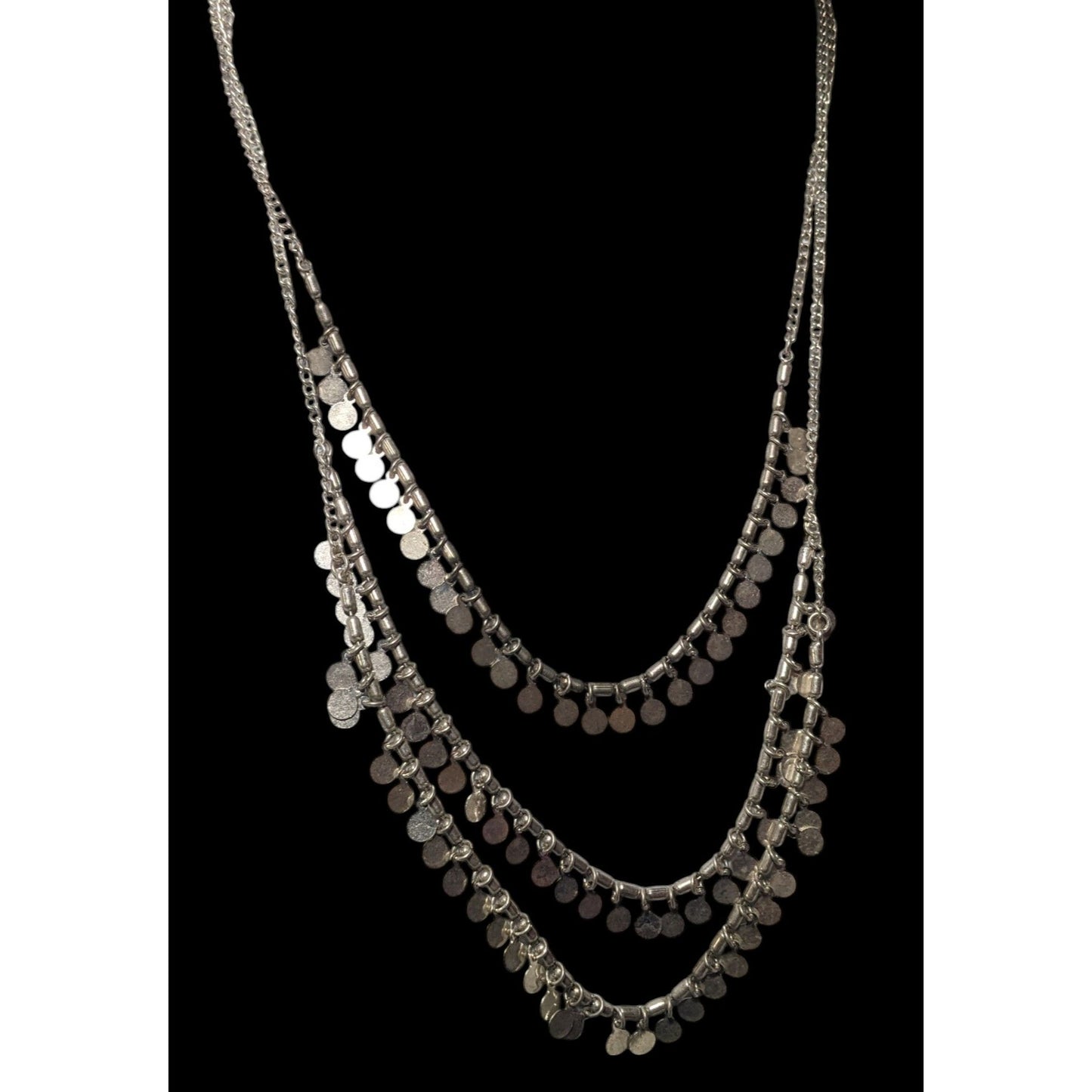 Multilayer Silver Tone Mini Medallion Fringe Beaded Necklace