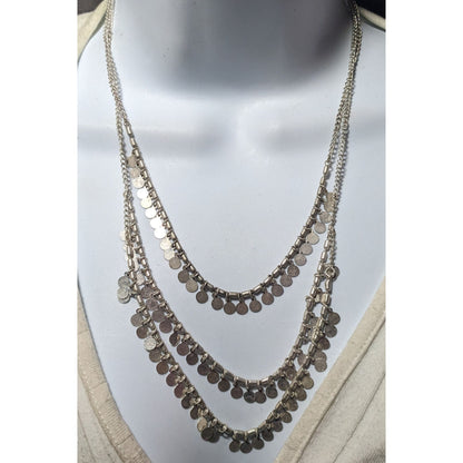 Multilayer Silver Tone Mini Medallion Fringe Beaded Necklace