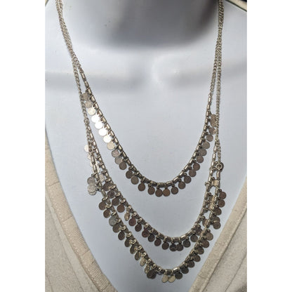 Multilayer Silver Tone Mini Medallion Fringe Beaded Necklace