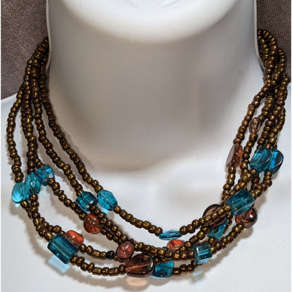 Vintage Multi Strand Glass Beaded Necklace Bronze Teal Statement Boho Jewelry