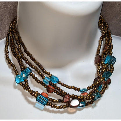 Vintage Multi Strand Glass Beaded Necklace Bronze Teal Statement Boho Jewelry