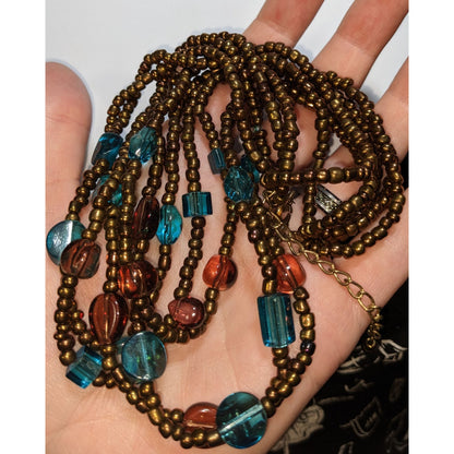 Vintage Multi Strand Glass Beaded Necklace Bronze Teal Statement Boho Jewelry