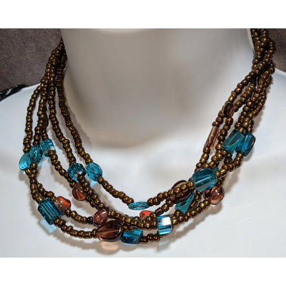 Vintage Multi Strand Glass Beaded Necklace Bronze Teal Statement Boho Jewelry