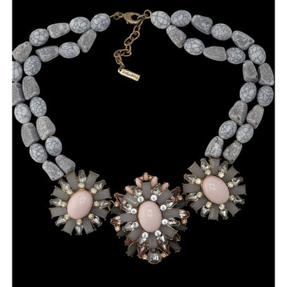 Sugarfix Floral Beaded Statement Necklace Rhinestones Faux Gems Pink Gray Silver Tone