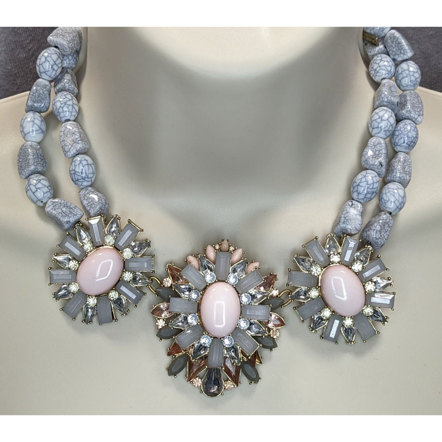 Sugarfix Floral Beaded Statement Necklace Rhinestones Faux Gems Pink Gray Silver Tone