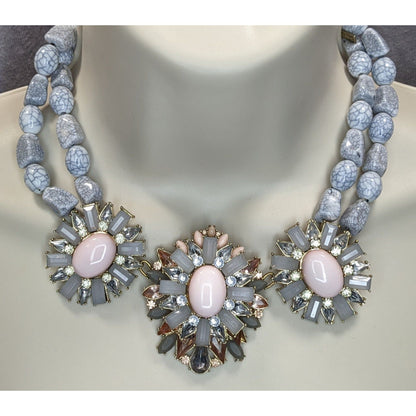 Sugarfix Floral Beaded Statement Necklace Rhinestones Faux Gems Pink Gray Silver Tone