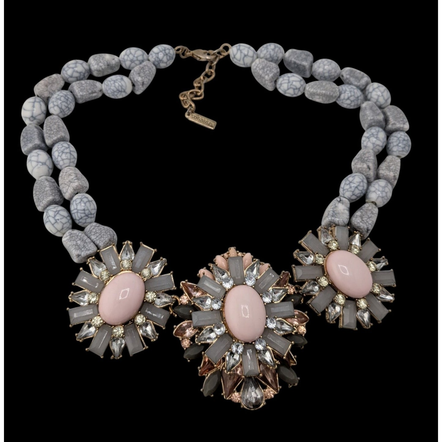 Sugarfix Floral Beaded Statement Necklace Rhinestones Faux Gems Pink Gray Silver Tone