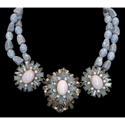 Sugarfix Floral Beaded Statement Necklace Rhinestones Faux Gems Pink Gray Silver Tone