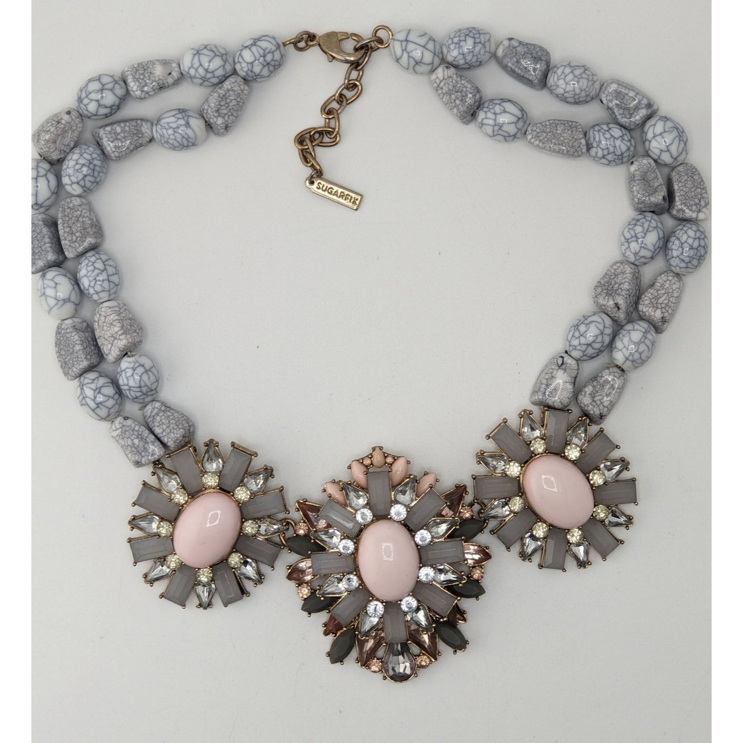 Sugarfix Floral Beaded Statement Necklace Rhinestones Faux Gems Pink Gray Silver Tone