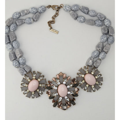 Sugarfix Floral Beaded Statement Necklace Rhinestones Faux Gems Pink Gray Silver Tone