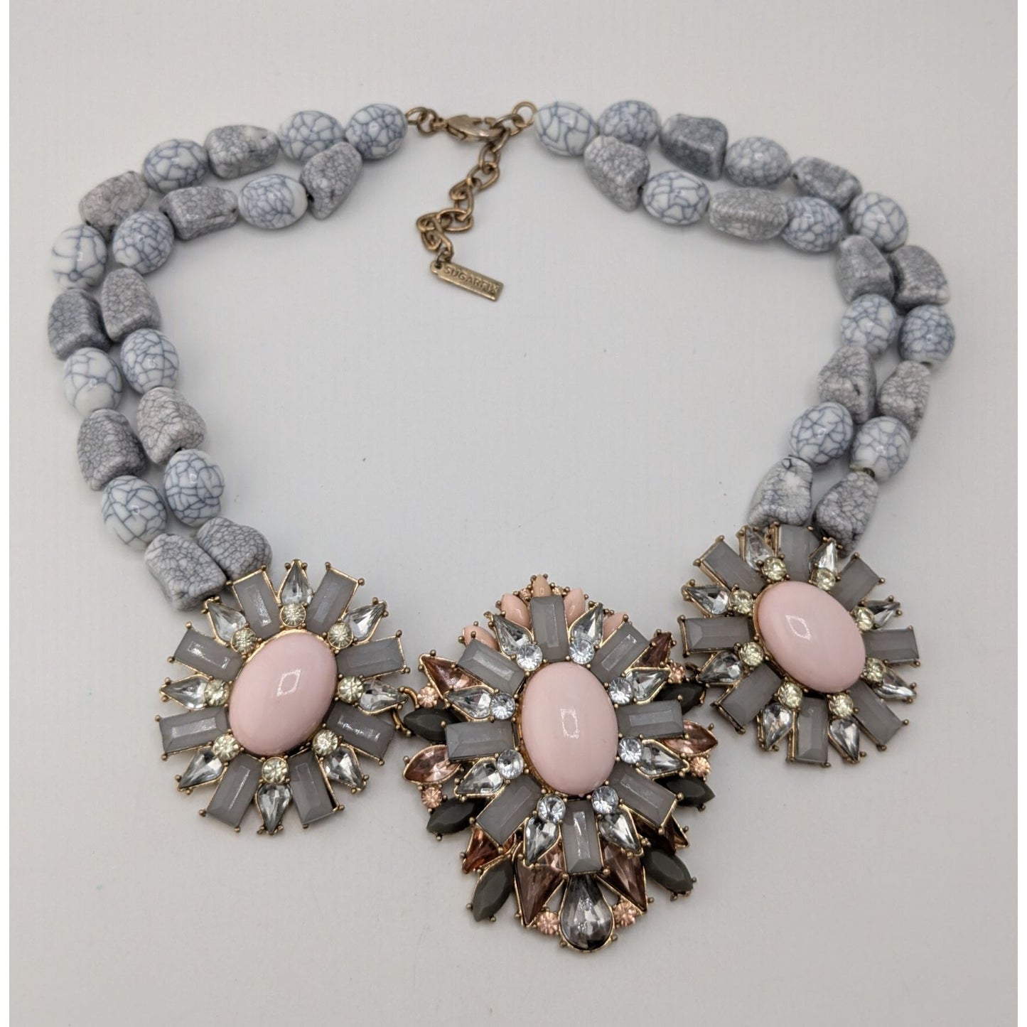 Sugarfix Floral Beaded Statement Necklace Rhinestones Faux Gems Pink Gray Silver Tone