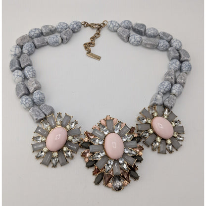 Sugarfix Floral Beaded Statement Necklace Rhinestones Faux Gems Pink Gray Silver Tone