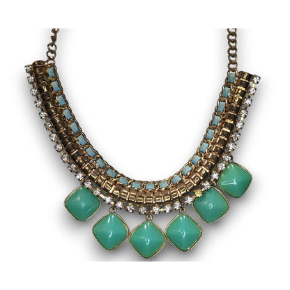 Boho Statement Mixed Metal Green Rhinestone Bib Necklace 16 Inch Worn