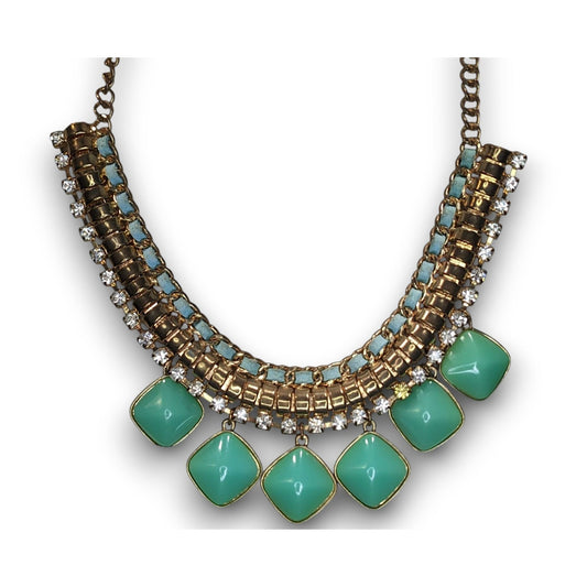 Boho Statement Mixed Metal Green Rhinestone Bib Necklace 16 Inch Worn